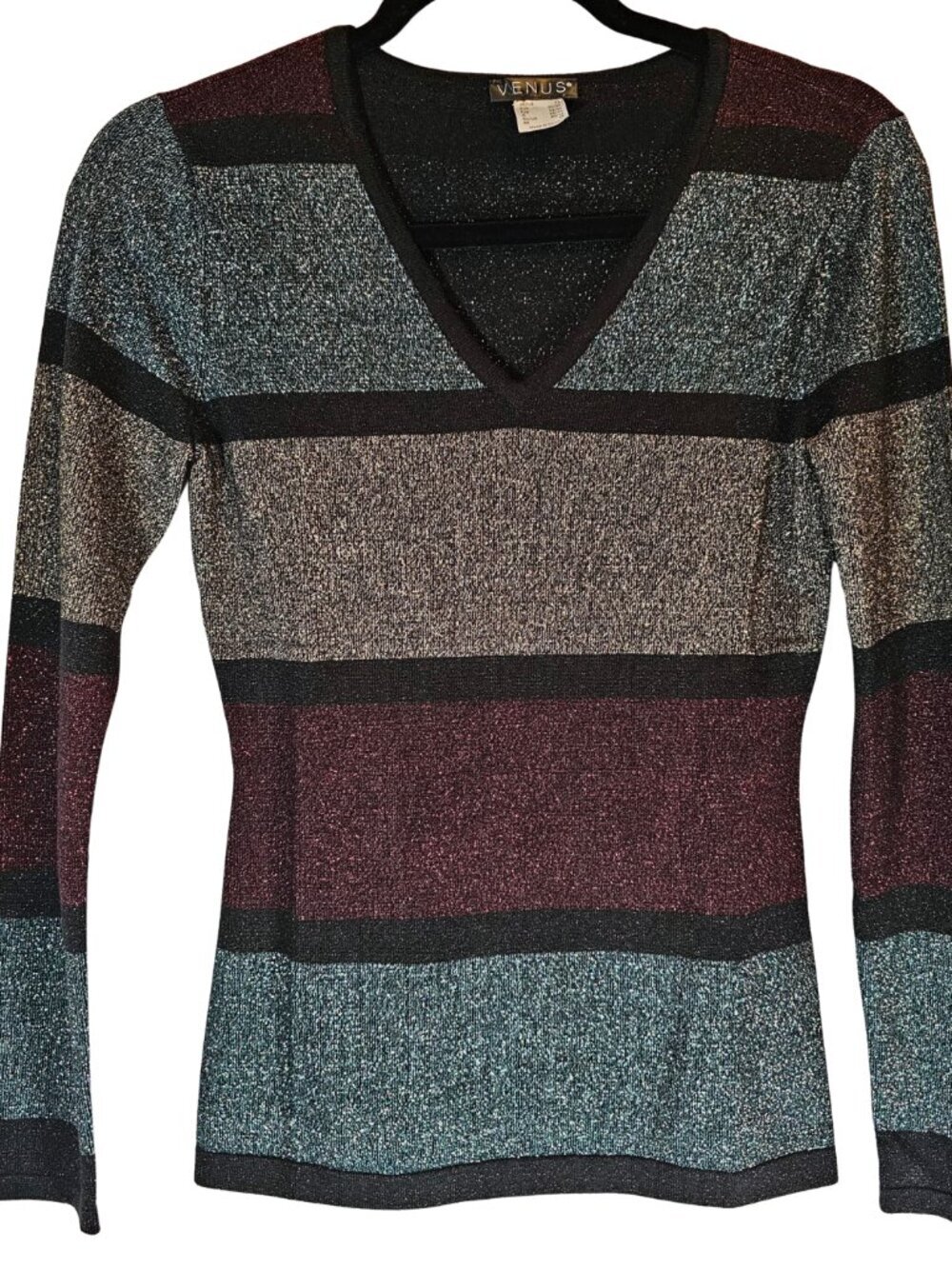 ✨Like New✨ Venus Long Sleeve V-Neck Striped Shimmer Sweater, Size XS